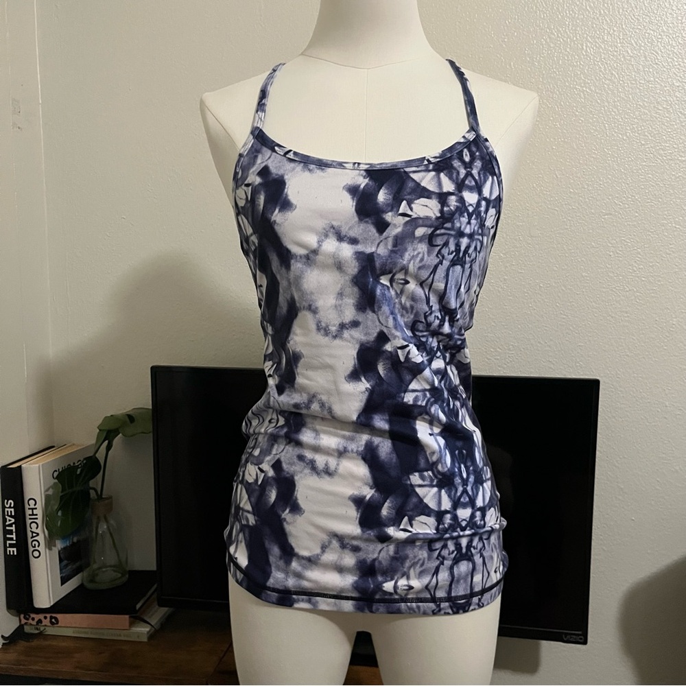 Lululemon Power Y Tank Tops: Blue& White Tie-dye & Dark Blue Stamped Print Sz 6
